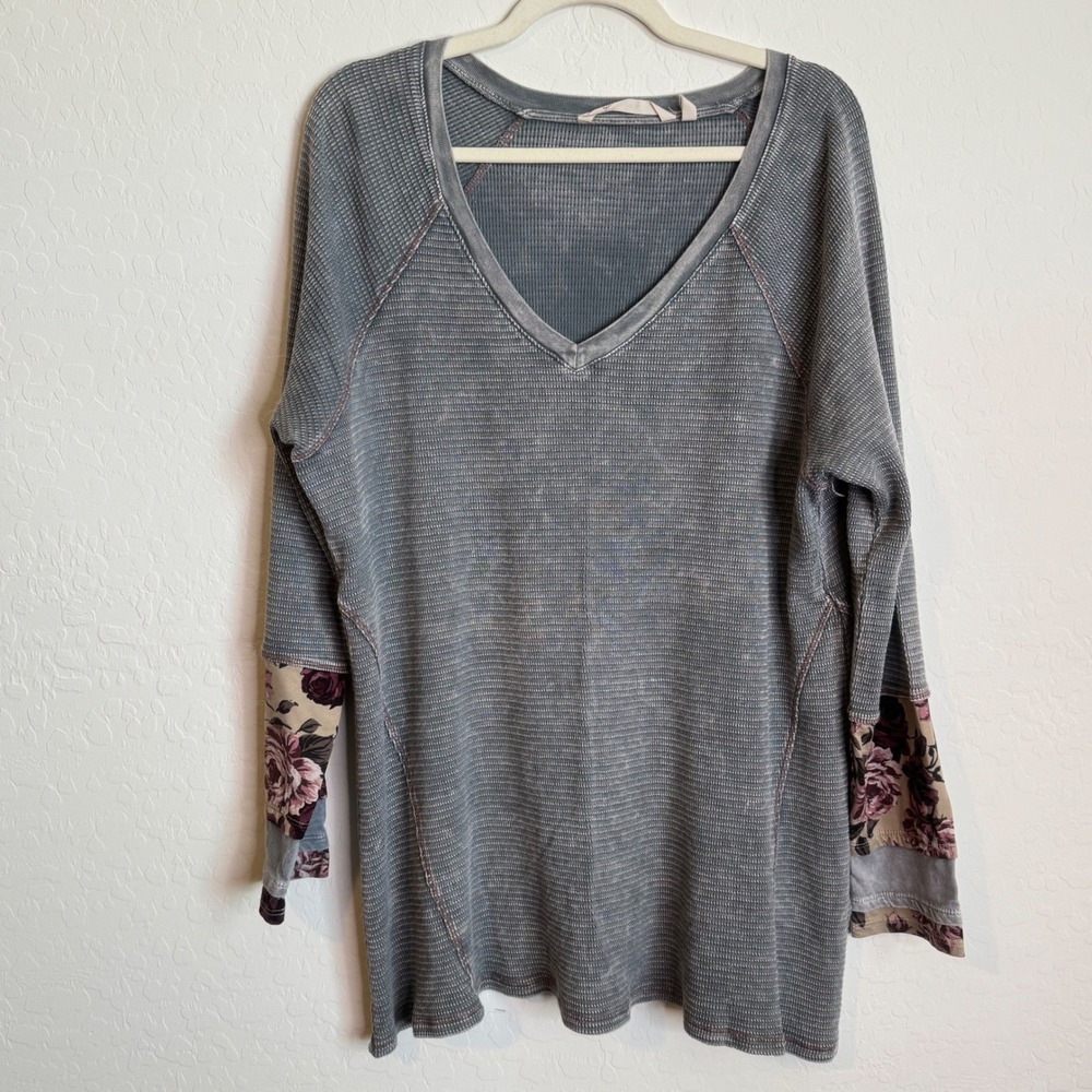 Soft Surroundings Lumi Thermal‎ Tunic Floral Cuff Top XL V-Neck Raglan Boho